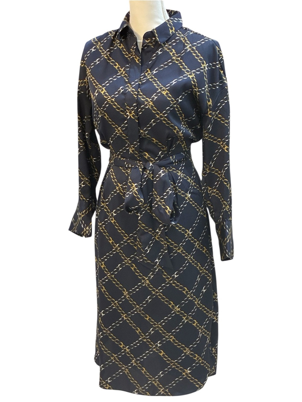 Who What Wear Navy Chain-Print Belted Midi Shirt Tunic Business Casual Dress S